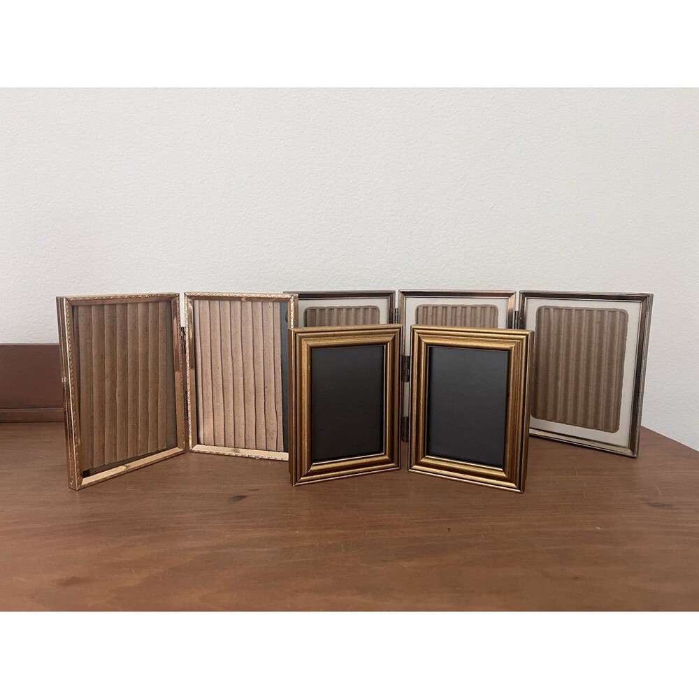 Vintage MCM Hinged Picture Frames, Brass Gold Wood Glass - Set of 3